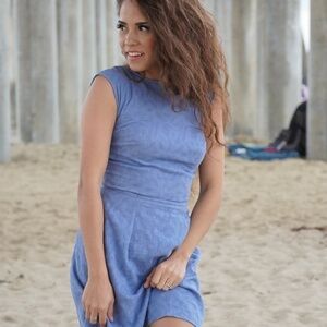 Shell N Boat Neck Open Back Bow Tie Dress Blue XSP Bohemian Casual Handmade